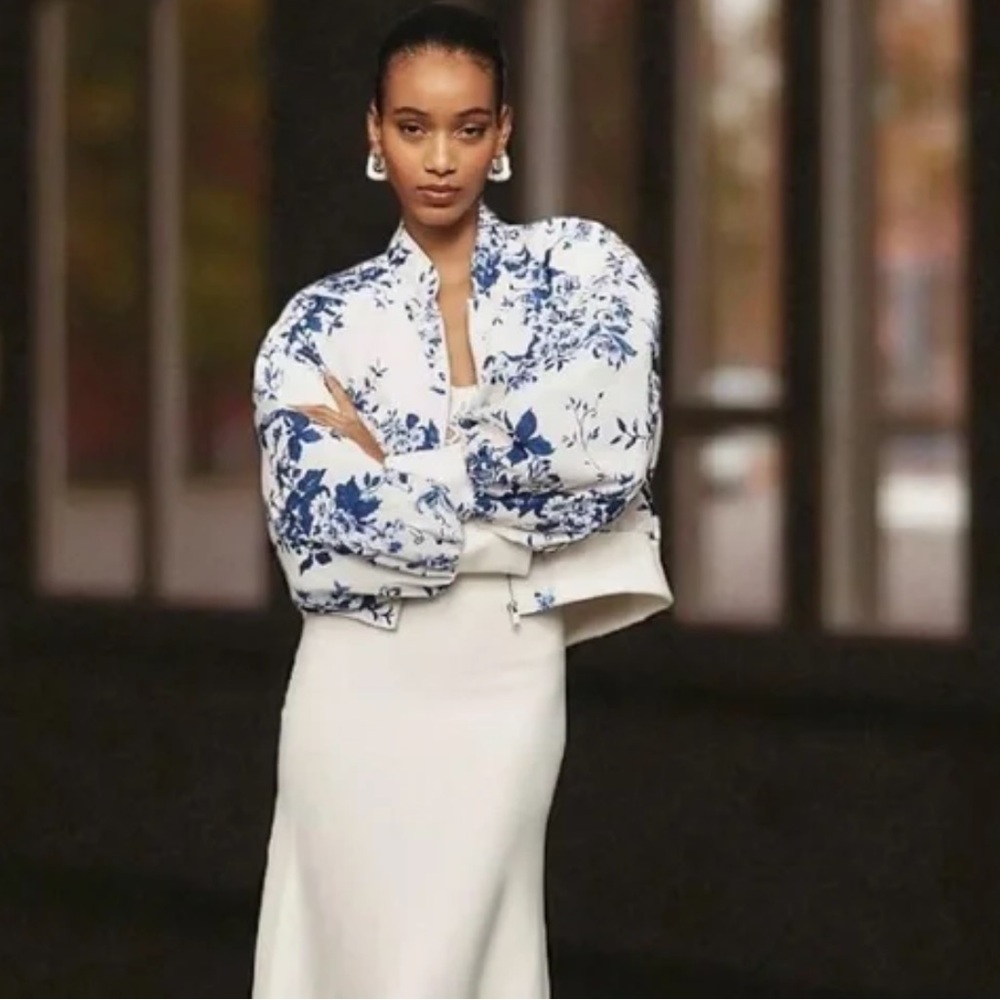 Anthropologie Blue and White Floral Bomber Jacket